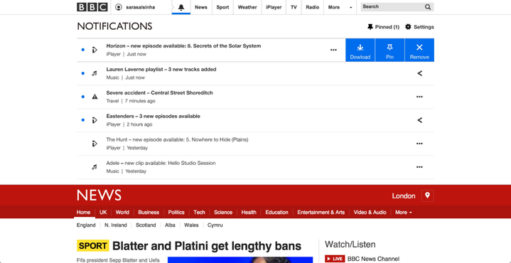 A screenshot of BBC Notifications